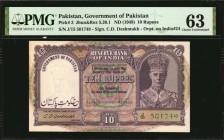 PAKISTAN. Government of Pakistan. 10 Rupees, ND (1948). P-3. PMG Choice Uncirculated 63.
Signature of C.D. Deshmukh. Overprint on India P-24. An extr...