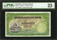 PALESTINE. Currency Board. 1 Pound, 1929. P-7b. PMG Very Fine 25.
Scarce earlier date on the Dome of the Rock type. A delightful strong color example...