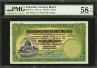 PALESTINE. Currency Board. 1 Pound, 1939. P-7c. PMG Choice About Uncirculated 58 EPQ.
Printed by TDLR. Watermark of olive sprig. Dark green and yello...