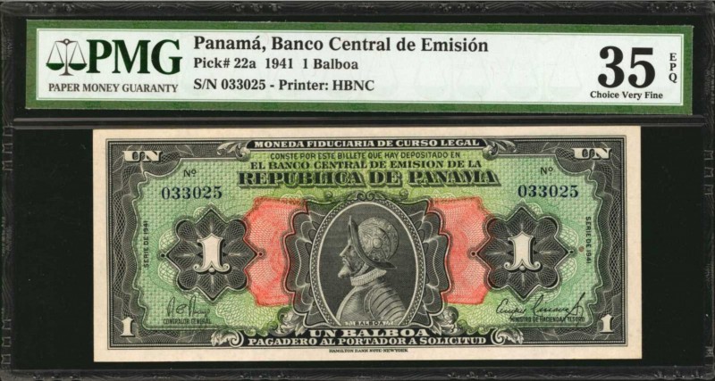 PANAMA. El Banco Central de Emision de La Republica de Panama. 1 Balboa, 1941. P...