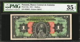 PANAMA. El Banco Central de Emision de La Republica de Panama. 1 Balboa, 1941. P-22a. PMG Choice Very Fine 35 EPQ.
Printed by HBNC. Bold color and fu...