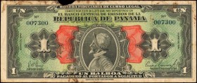 PANAMA. Republica de Panama. 1 Balboa, 1941. P-22a. Fine.
A Fine example of this scarcer Panama note. Dark green and orange inks remain pleasing, alo...