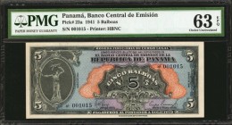 PANAMA. El Banco Central de Emision de La Republica de Panama. 5 Balboa, 1941. P-23a. PMG Choice Uncirculated 63 EPQ.
Hamilton Bank Note, New York. T...