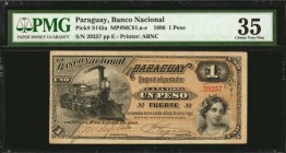 PARAGUAY. Banco Nacional. 1 Peso, 1886. P-S145a. PMG Choice Very Fine 35.
(MP#MC91.a-e). Printed by ABNC. A mid grade example of this 1886 1 Peso not...