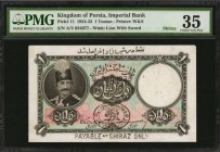 PERSIA. Imperial Bank. 1 Toman, 1924-32. P-11. PMG Choice Very Fine 35.
Payable at Shiraz Only. Printed by W&S. Watermark of Lion with Sword. Bright ...
