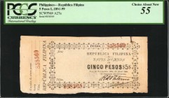 PHILIPPINES. Republica Filipina. 5 Pesos, 1898-99. P-A27a. PCGS Currency Choice About New 55.
A fully issued example of this downright scarce 5 Pesos...