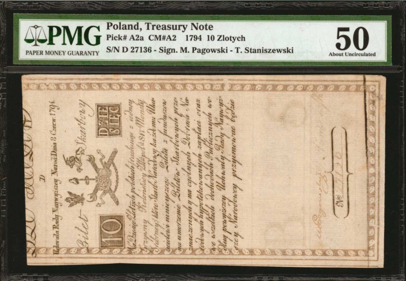 POLAND. Treasury Note. 10 Zlotych, 1794. P-A2a. PMG About Uncirculated 50.
Sign...