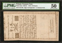 POLAND. Treasury Note. 10 Zlotych, 1794. P-A2a. PMG About Uncirculated 50.
Signature of M. Pagowski and T. Staniszewski. Seen with bright paper and d...