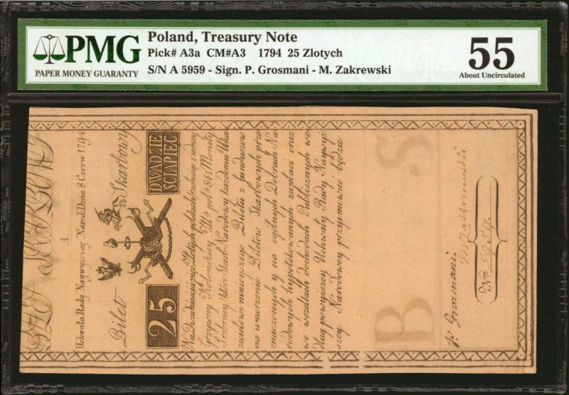 POLAND. Treasury Note. 25 Zlotych, 1794. P-A3a. PMG About Uncirculated 55.
Arms...