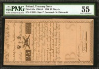 POLAND. Treasury Note. 25 Zlotych, 1794. P-A3a. PMG About Uncirculated 55.
Arms seen at top center. Penned signatures and serial number are still ple...