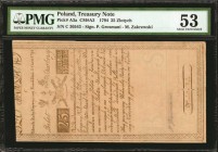 POLAND. Treasury Note. 25 Zlotych, 1794. P-A3a. PMG About Uncirculated 53.
Arms seen at top center. Penned signatures of P. Grosmani & M. Zakrewski w...