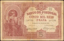 PORTUGAL. Banco de Portugal. 5 Mil Reis, 1894. P-75. Very Fine.
A scarcer 5 Mil Reis Portuguese note, seen with allegorical female at right on the fa...