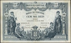 PORTUGAL. Banco de Portugal. 100 Mil Reis, 1908. P-78. Very Fine.
A scarcely encountered example of this 100 Mil Reis note. A beautiful design stands...