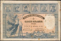 PORTUGAL. Banco de Portugal. 5 Mil Reis, 1901. P-80. Very Fine.
6 portraits are seen along the top of this 5 Mil Reis note, which consist of Condestá...
