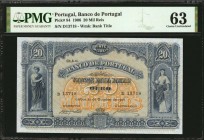 PORTUGAL. Banco de Portugal. 20 Mil Reis, 1906. P-84. PMG Choice Uncirculated 63.
Watermark of Bank Title. Allegorical females at left and right in b...