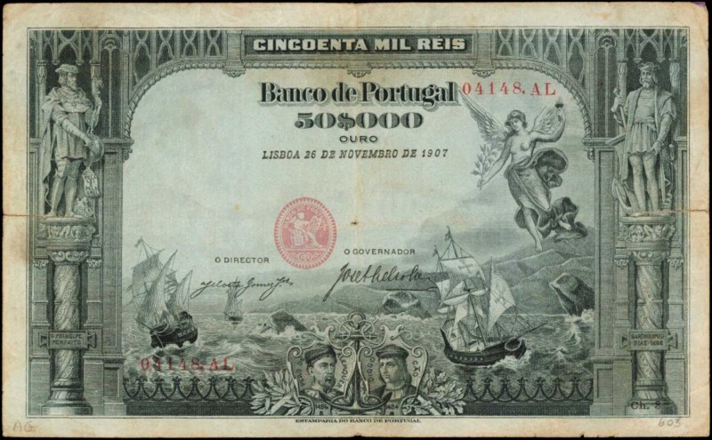 PORTUGAL. Banco de Portugal. 50 Mil Reis, 1907. P-85. Fine.
Just edge tears to ...