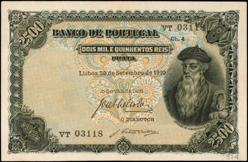 PORTUGAL. Banco de Portugal. 2.5 Mil Reis, 1910. P-107. Extremely Fine.
Affonso...