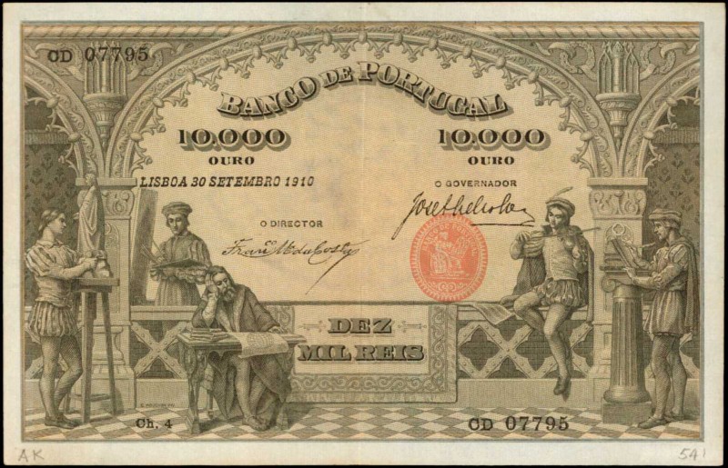 PORTUGAL. Banco de Portugal. 10 Mil Reis, 1910. P-108a. Extremely Fine.
An orna...