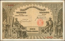 PORTUGAL. Banco de Portugal. 10 Mil Reis, 1908. P-108b. Very Fine.
An extremely scarce variety of this 10 Mil Reis note, which is found with "Republi...