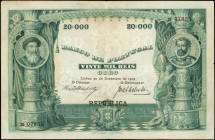 PORTUGAL. Banco de Portugal. 20 Mil Reis, 1909. P-109. Very Fine.
A larger format 20 Mil Reis note, found with blue "Republica" overprint on back at ...