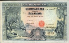 PORTUGAL. Banco de Portugal. 50 Mil Reis, 1910. P-110. Very Fine.
A Moors theme is found on the face of this 50 Mil Reis note, with black "Republica"...