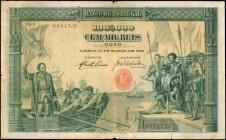 PORTUGAL. Banco de Portugal. 100 Mil Reis, 1909. P-111. Fine.
A large format 100 Mil Reis note, found with an intricate design of Pedro Alvares Cabra...