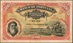 PORTUGAL. Banco de Portugal. 500 Escudos, 1922. P-130. Very Fine.
Portrait of Vasco da Gama at left. Sailing ships at sea seen at right sailing towar...