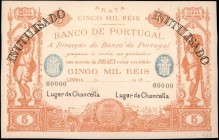 PORTUGAL. Banco de Portugal. 5 Mil Reis, 18xx. P-Unlisted. Proof. About Uncirculated.
Bright paper and dark orange ink stand out on this proof 5 Mil ...