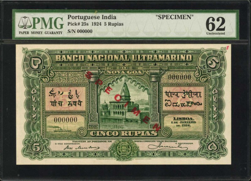 PORTUGUESE INDIA. Banco Nacional Ultramarino. 5 Rupias, 1924. P-25s. Specimen. P...