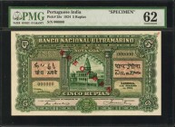 PORTUGUESE INDIA. Banco Nacional Ultramarino. 5 Rupias, 1924. P-25s. Specimen. PMG Uncirculated 62.
Red specimen overprint with black serial numbers....