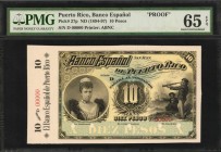 PUERTO RICO. Banco Espanol. 10 Pesos, ND (1894-97). P-27p. Front & Back Proofs. PMG Uncirculated 62 Net & Gem Uncirculated 65 EPQ.
2 pieces in lot. P...