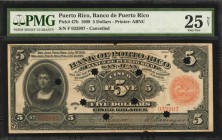 PUERTO RICO. Banco de Puerto Rico. 5 Dollars, 1909. P-47b. PMG Very Fine 25 Net. Rust Damage.
Printed by ABNC. Cancelled. Portrait vignette of Christ...