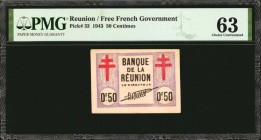 REUNION. Free French Government. 50 Centimes, 1943. P-33. PMG Choice Uncirculated 63.
Dark purple ink and two red crosses stand out on this 50 Centim...