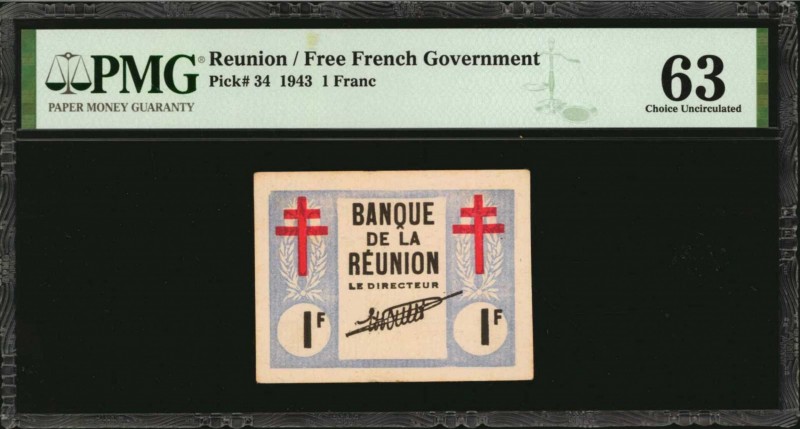 REUNION. Free French Government. 1 Franc, 1943. P-34. PMG Choice Uncirculated 63...