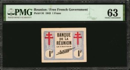 REUNION. Free French Government. 1 Franc, 1943. P-34. PMG Choice Uncirculated 63.
PMG's pop report lists just three notes of this variety have been e...