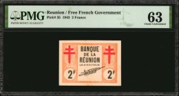 REUNION. Free French Government. 2 Francs, 1943. P-35. PMG Choice Uncirculated 63.
A scant 5 notes of this variety have been encapsulated by PMG's se...