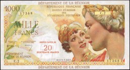 REUNION. Department de la Reunion. 20 Nouveaux Francs, ND (1967). P-55a. Uncirculated.
A strikingly beautiful portrait of women at right facing each ...