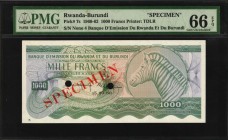RWANDA-BURUNDI. Banque d'Emission du Rwantda et du Burundi. 1000 Francs, 1960-62. P-7s. Specimen. PMG Gem Uncirculated 66 EPQ.
Printed by TDLR. Hole ...