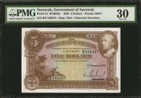 SARAWAK. Government of Sarawak. 5 Dollars, 1938. P-21. PMG Very Fine 30.
An always difficult type with Charles Vyner Brooke on face. Second highest d...
