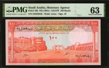 SAUDI ARABIA. Monetary Agency. 100 Riyals, ND (1961). P-10b. PMG Choice Uncirculated 63.
Signature #2. A highly scarce note in this Uncirculated stat...