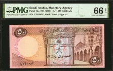 SAUDI ARABIA. Monetary Agency. 50 Riyals, ND (1968). P-14a. PMG Gem Uncirculated 66 EPQ.
Extraordinary details along with vivid ink, pleasing centeri...