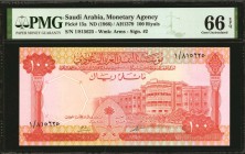 SAUDI ARABIA. Monetary Agency. 100 Riyals, ND (1966). P-15a. PMG Gem Uncirculated 66 EPQ.
Watermark of arms. Signature #2. A bright note with strong ...