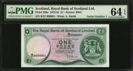 SCOTLAND. Royal Bank of Scotland. 1 Pound, 1972-81. P-336a. Serial Number 1. PMG Choice Uncirculated 64 EPQ.
This nearly Gem 1 Pound note displays a ...
