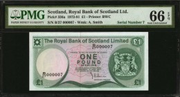 SCOTLAND. Royal Bank of Scotland. 1 Pound, 1972-81. P-336a. Serial Number 7. PMG Gem Uncirculated 66 EPQ.
This pack fresh Gem 1 Pound Scottish note r...