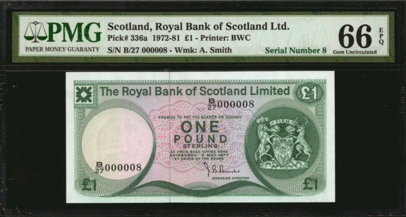 SCOTLAND. Royal Bank of Scotland. 1 Pound, 1972-81. P-336a. Serial Number 8. PMG...