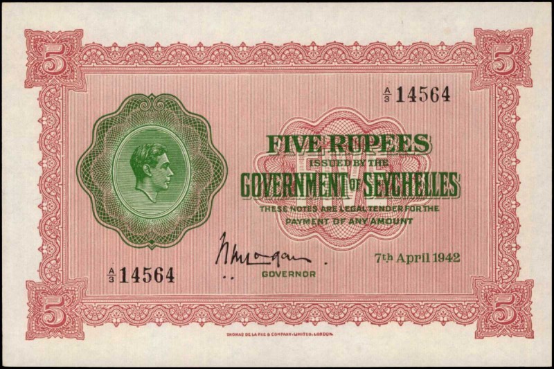 SEYCHELLES. Government of Seychelles. 5 Rupees, 1942. P-8. About Uncirculated.
...