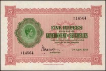 SEYCHELLES. Government of Seychelles. 5 Rupees, 1942. P-8. About Uncirculated.
Printed by TDLR. An attractive About Uncirculated example of this 1942...