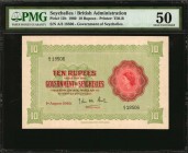 SEYCHELLES. Government of Seychelles. 10 Rupees, 1960. P-12b. PMG About Uncirculated 50.
Earlier Queen Elizabeth II with second date of series. Prefi...