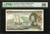 SEYCHELLES. Government of Seychelles. 50 Rupees, 1970. P-17c. PMG About Uncirculated 50.
Popular Queen Elizabeth II series, with third date for the t...