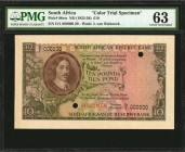 SOUTH AFRICA. South African Reserve Bank. 10 Pounds, ND (1952-58). P-98cts. Color Trial Specimen. PMG Choice Uncirculated 63.
PMG reports grading jus...